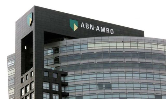 Abn Amro Aml Settlement Netherlands ABN AMRO bank building exterior with European Central Bank and Dutch flags flying nearby