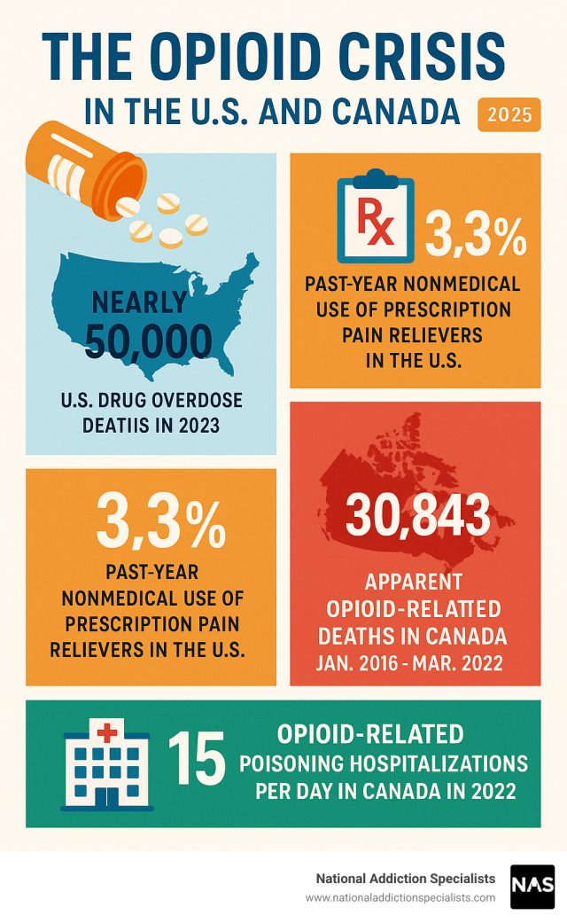 A person holds a prescription pill bottle with a warning label, symbolizing the opioid crisis in the United States.