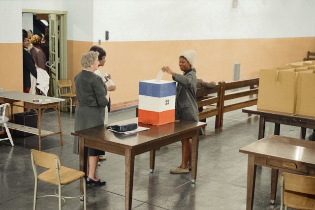 Bulgarian voters cast ballots at polling stations during the country's sixth parliamentary election in three years.