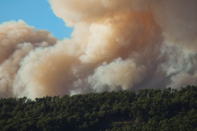 Aerial view of the Grand Canyon Lodge engulfed in flames as the Dragon Bravo Fire burns through the North Rim.