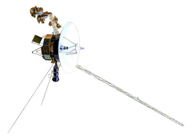Voyager 1 spacecraft drifting through interstellar space with Earth in the distance