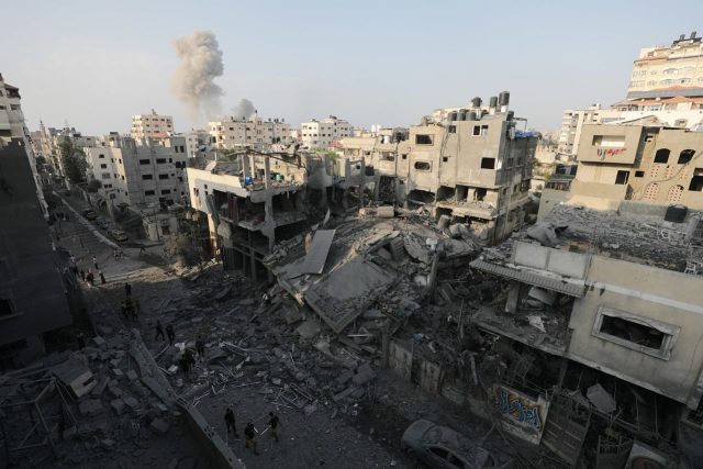 Gaza War Destruction October 2023 Smoke rises over Gaza City after Israeli airstrikes following the Hamas attack on Israel in October 2023.