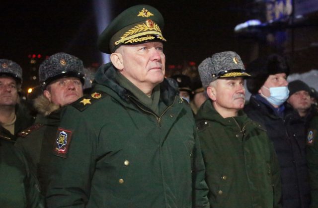 General Alexander Dvornikov in military uniform stands at a podium, reflecting his new command role in Russia's Ukraine campaign.