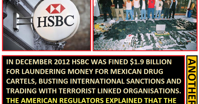 HSBC signage outside a branch as a reminder of the 2012 $1.9B cartel laundering penalty.