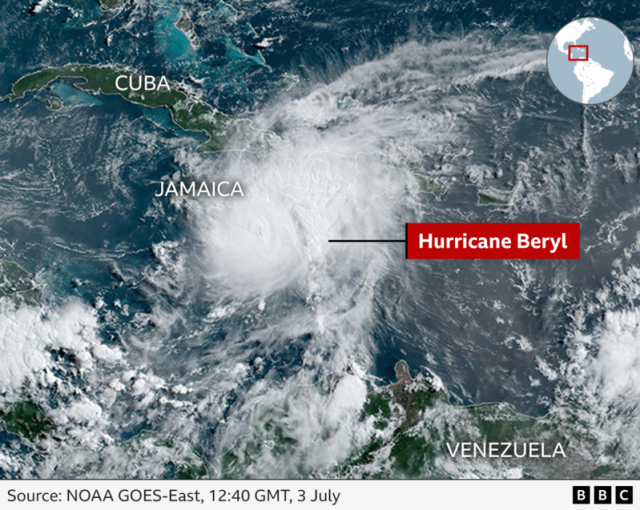 Satellite image of Hurricane Beryl churning over the Atlantic Ocean as a powerful Category 5 storm.