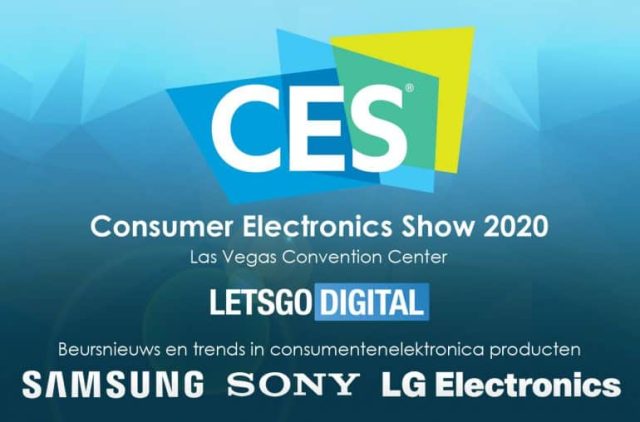 Large crowd at CES 2020 examines a bright super HD TV display on a booth wall.