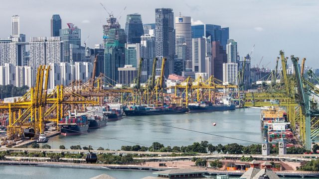 Singapore Port Skyline Container ship docked at Singapore port with cranes loading cargo under a cloudy sky.