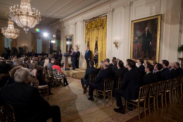President Donald Trump and Vice President Mike Pence participate in the swearing in ceremony for White House Senior Staf President Donald Trump and Vice President Mike Pence participate in the swearing in ceremony for White House Senior Staf