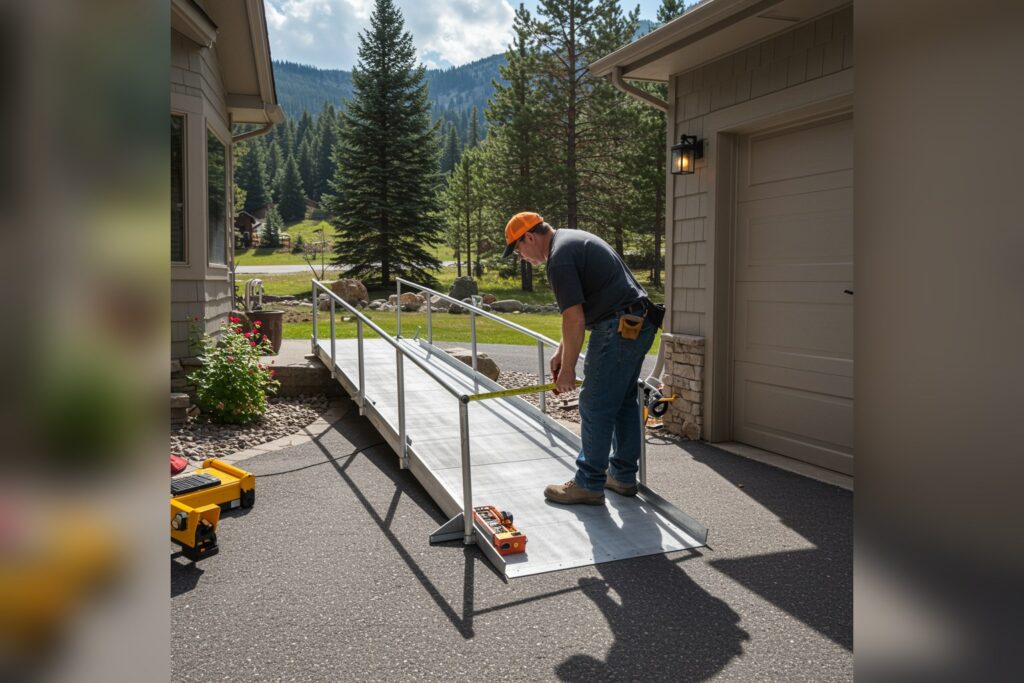 Contractor Installing A Wheelchair Ramp At A Home Entra