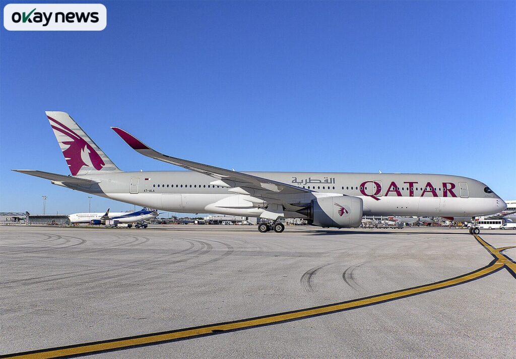 Qatar Airways aircraft on a runway, preparing for a repatriation flight during the coronavirus pandemic.